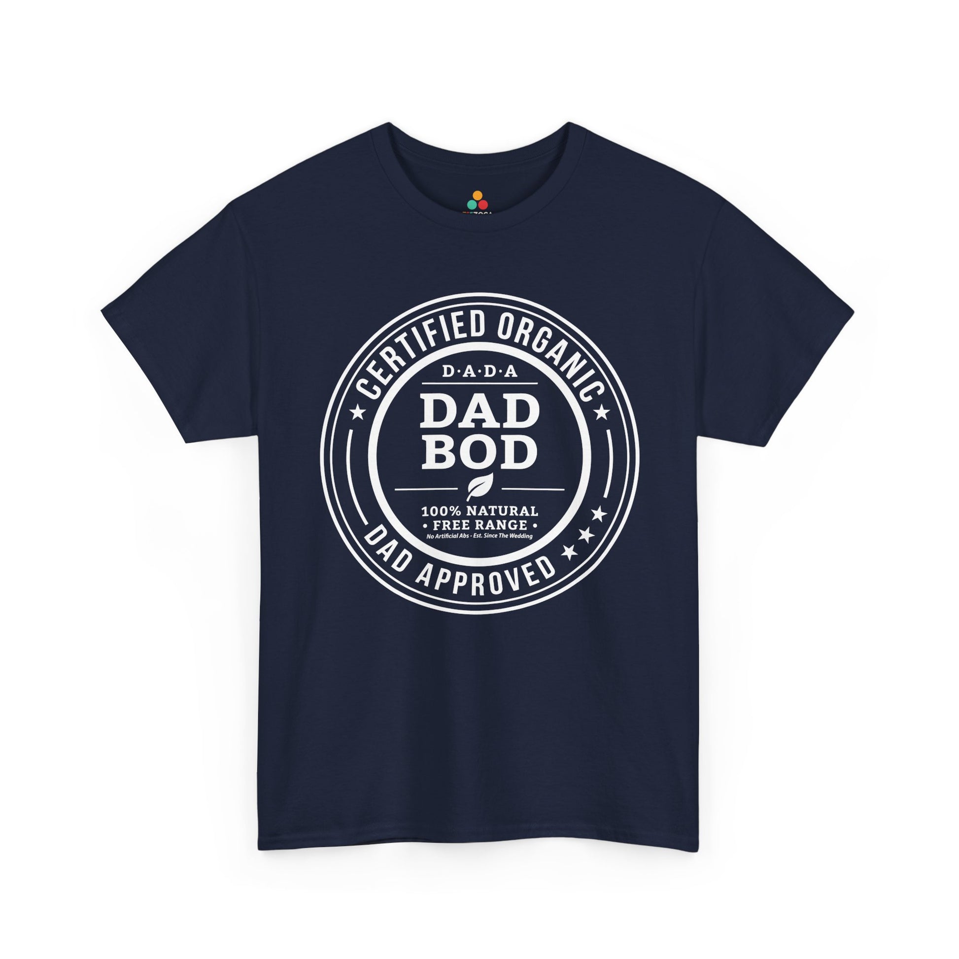TEEZOCA dad bod t shirt showing a leaf icon, circular badge, and Since the Wedding joke.
