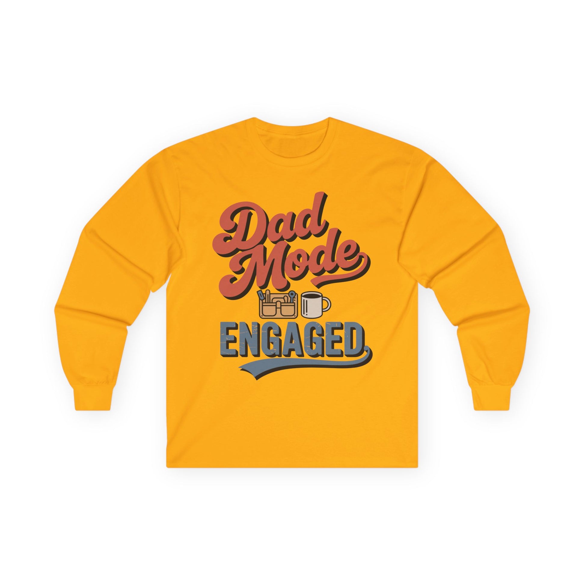TEEZOCA dad humor graphic unisex long-sleeve tee Yellow long-sleeve shirt with 'Dad Mode Engaged' text and graphics on a white background