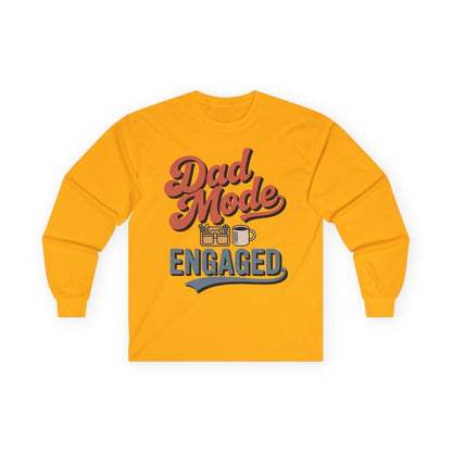 TEEZOCA dad humor graphic unisex long-sleeve tee Yellow long-sleeve shirt with 'Dad Mode Engaged' text and graphics on a white background