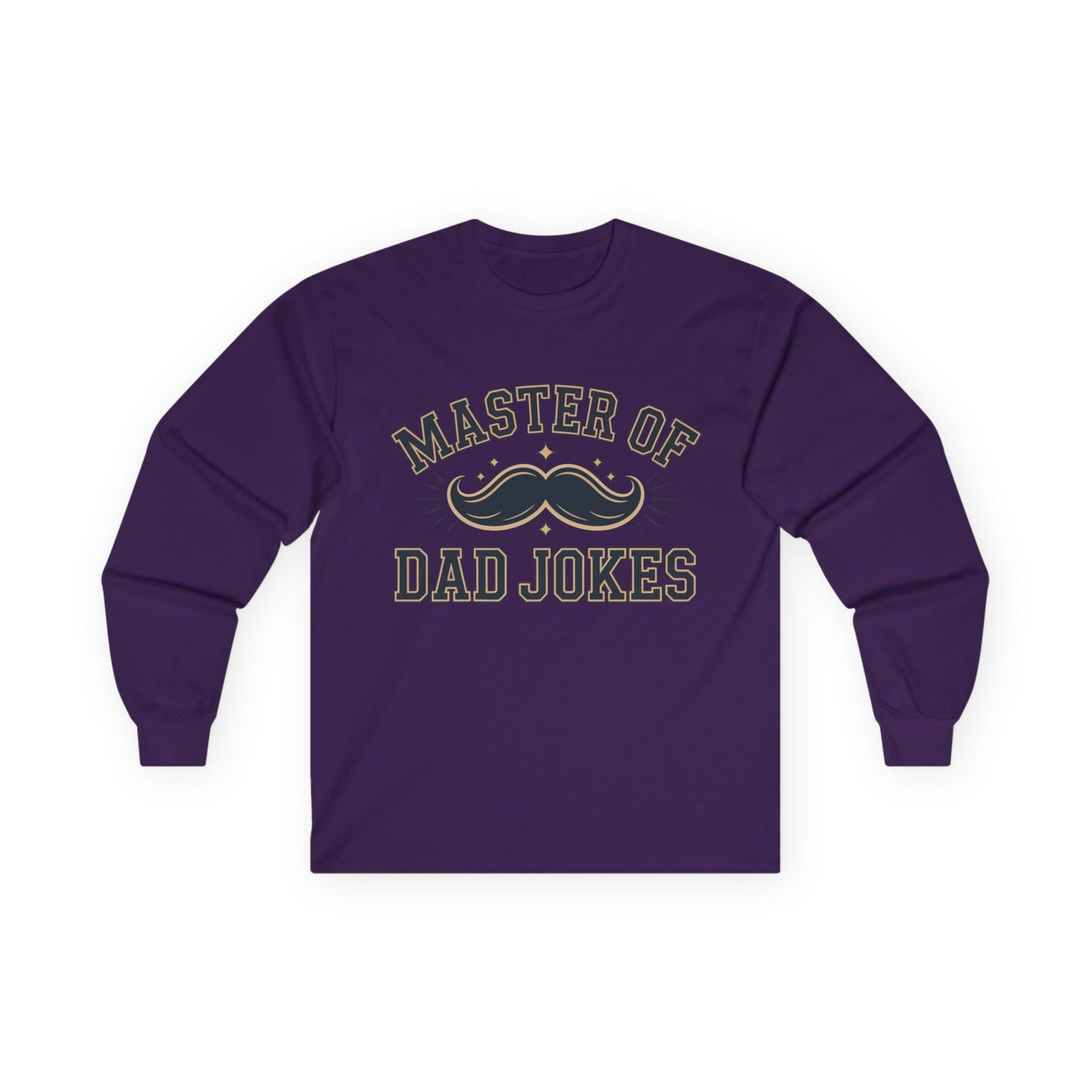 TEEZOCA dad jokes typography long-sleeve t-shirt Purple long-sleeve shirt with 'Master of Dad Jokes' text and mustache graphic on a white background
