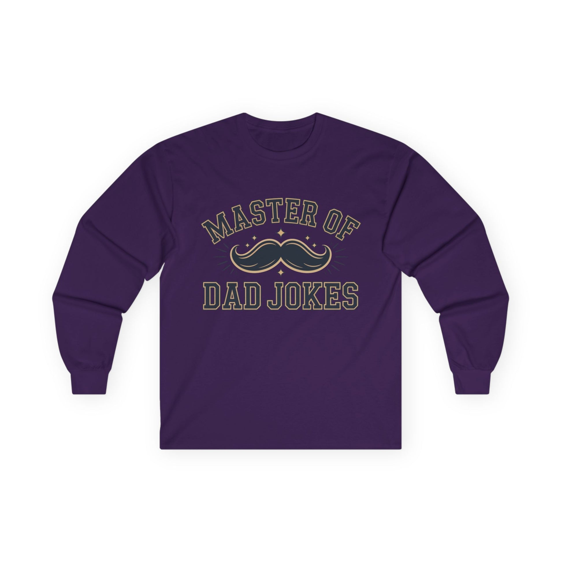 TEEZOCA dad jokes typography long-sleeve t-shirt Purple long-sleeve shirt with 'Master of Dad Jokes' text and mustache graphic on a white background