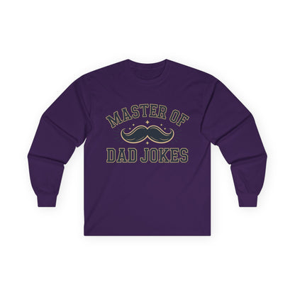TEEZOCA dad jokes typography long-sleeve t-shirt Purple long-sleeve shirt with 'Master of Dad Jokes' text and mustache graphic on a white background