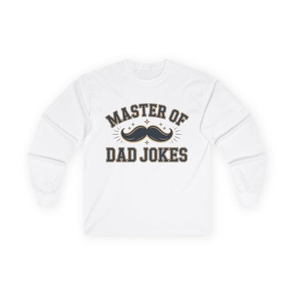 TEEZOCA dad jokes typography long-sleeve t-shirt White sweatshirt with 'Master of Dad Jokes' text and mustache graphic on a white background