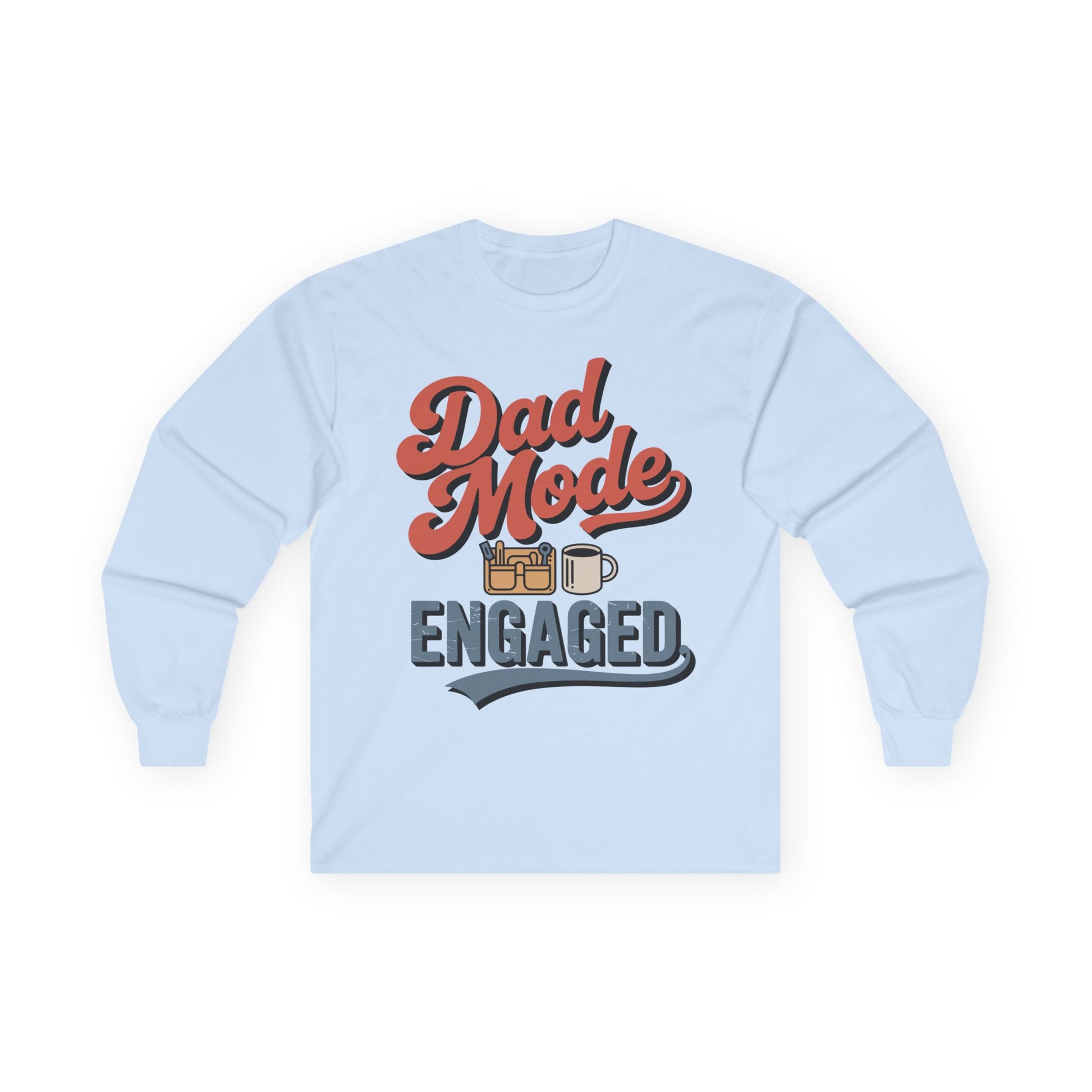 TEEZOCA dad life humor design long-sleeve t-shirt Light blue sweatshirt with 'Dad Mode Engaged' text and graphics on a white background