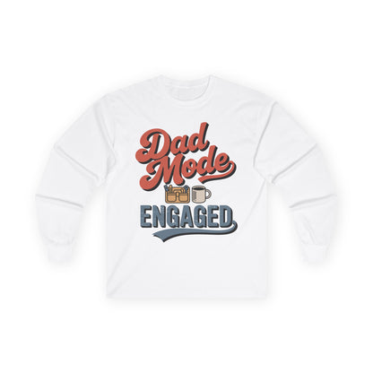 TEEZOCA dad mode engaged unisex long-sleeve t-shirt White sweatshirt with 'Dad Mode Engaged' text and graphics on a white background
