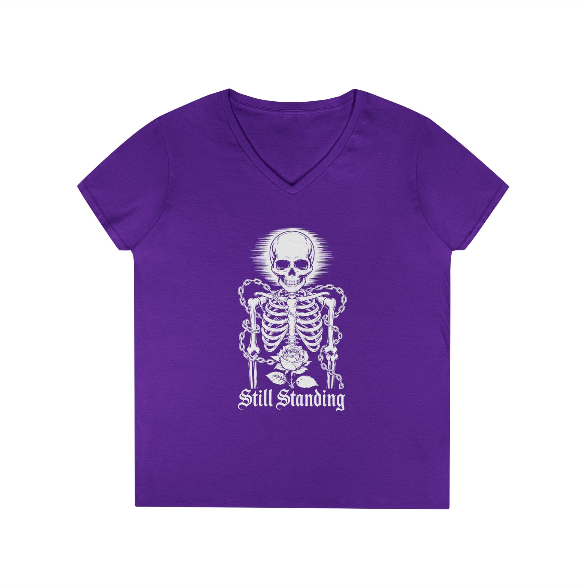 Still Standing Skeleton Rose Graphic V-Neck T-Shirt for Women | TEEZOCA 