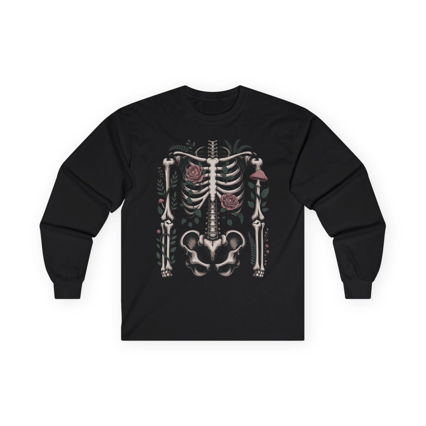 TEEZOCA dark botanical skeleton illustration on unisex long-sleeve t-shirt Black long-sleeve shirt with a skeleton design on a white background