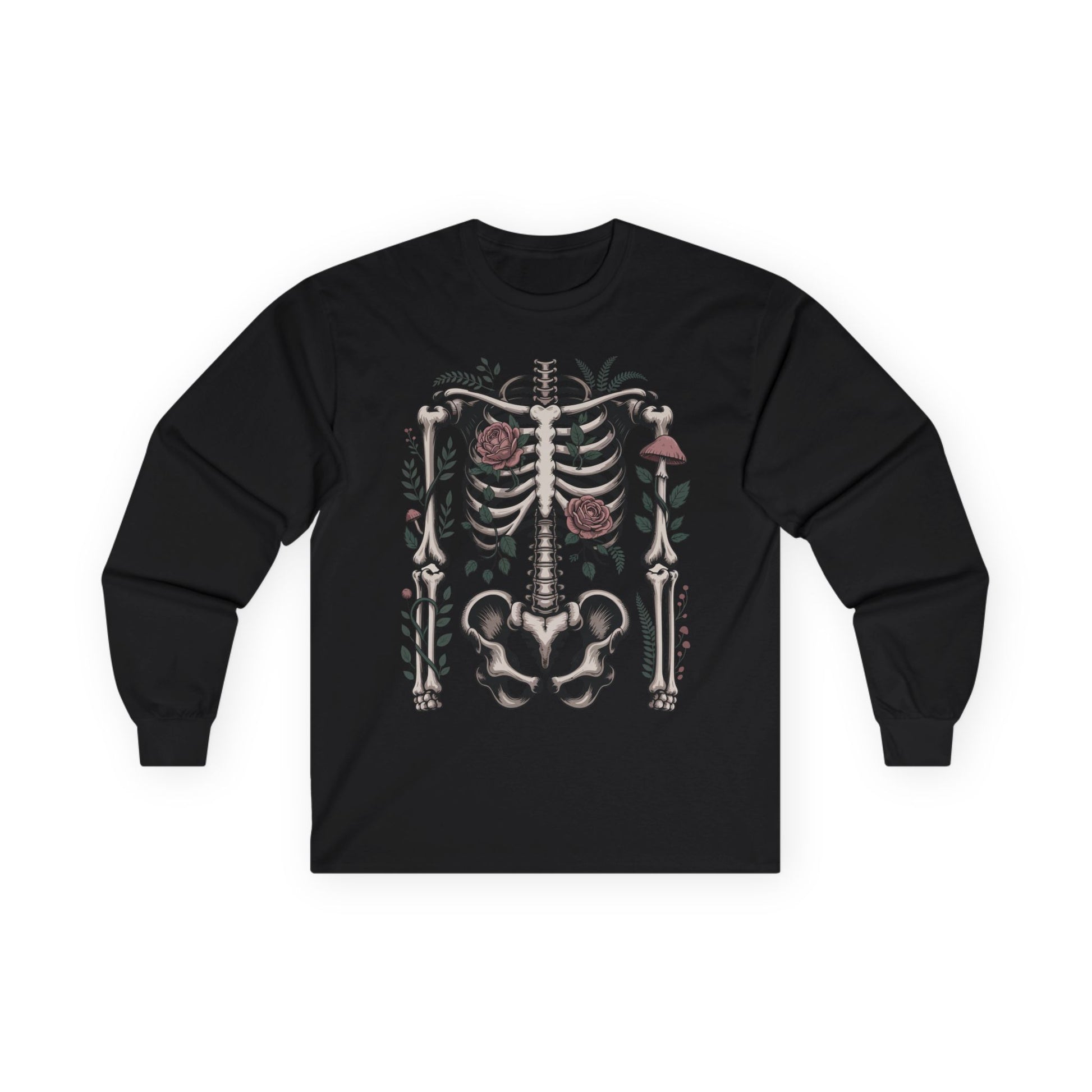 TEEZOCA dark botanical skeleton illustration on unisex long-sleeve t-shirt Black long-sleeve shirt with a skeleton design on a white background