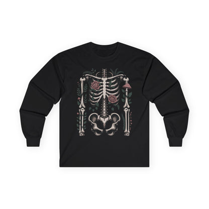 TEEZOCA dark botanical skeleton illustration on unisex long-sleeve t-shirt Black long-sleeve shirt with a skeleton design on a white background