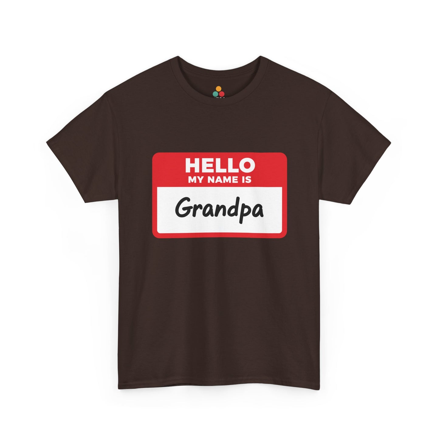 TEEZOCA dark brown “Hello My Name Is Grandpa” name badge graphic tee shown flat.