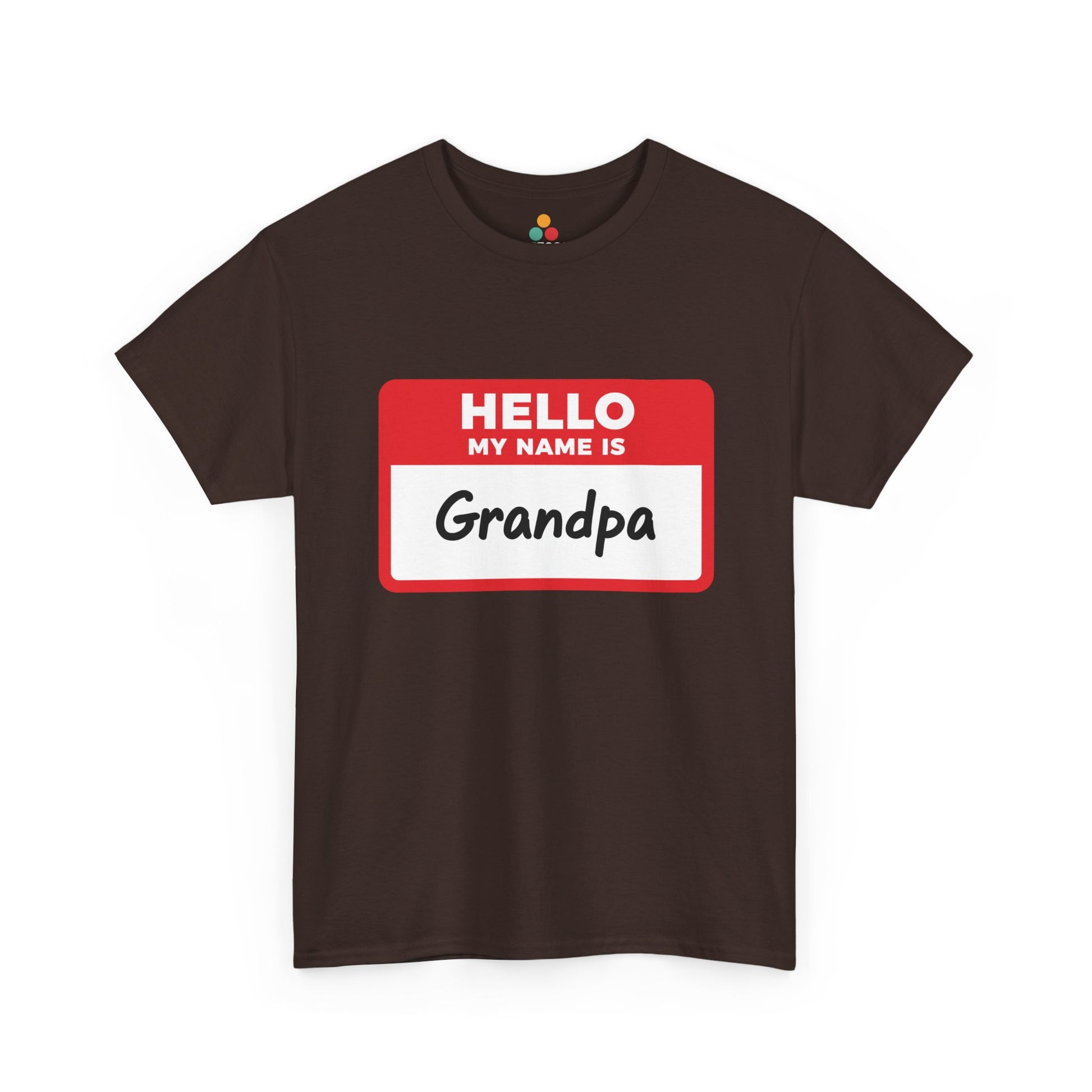 TEEZOCA dark brown “Hello My Name Is Grandpa” name badge graphic tee shown flat.