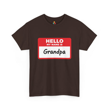 TEEZOCA dark brown “Hello My Name Is Grandpa” name badge graphic tee shown flat.
