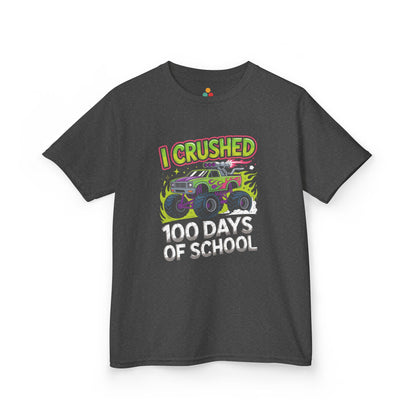 TEEZOCA dark gray “I Crushed 100 Days Of School” monster truck kids graphic tee.