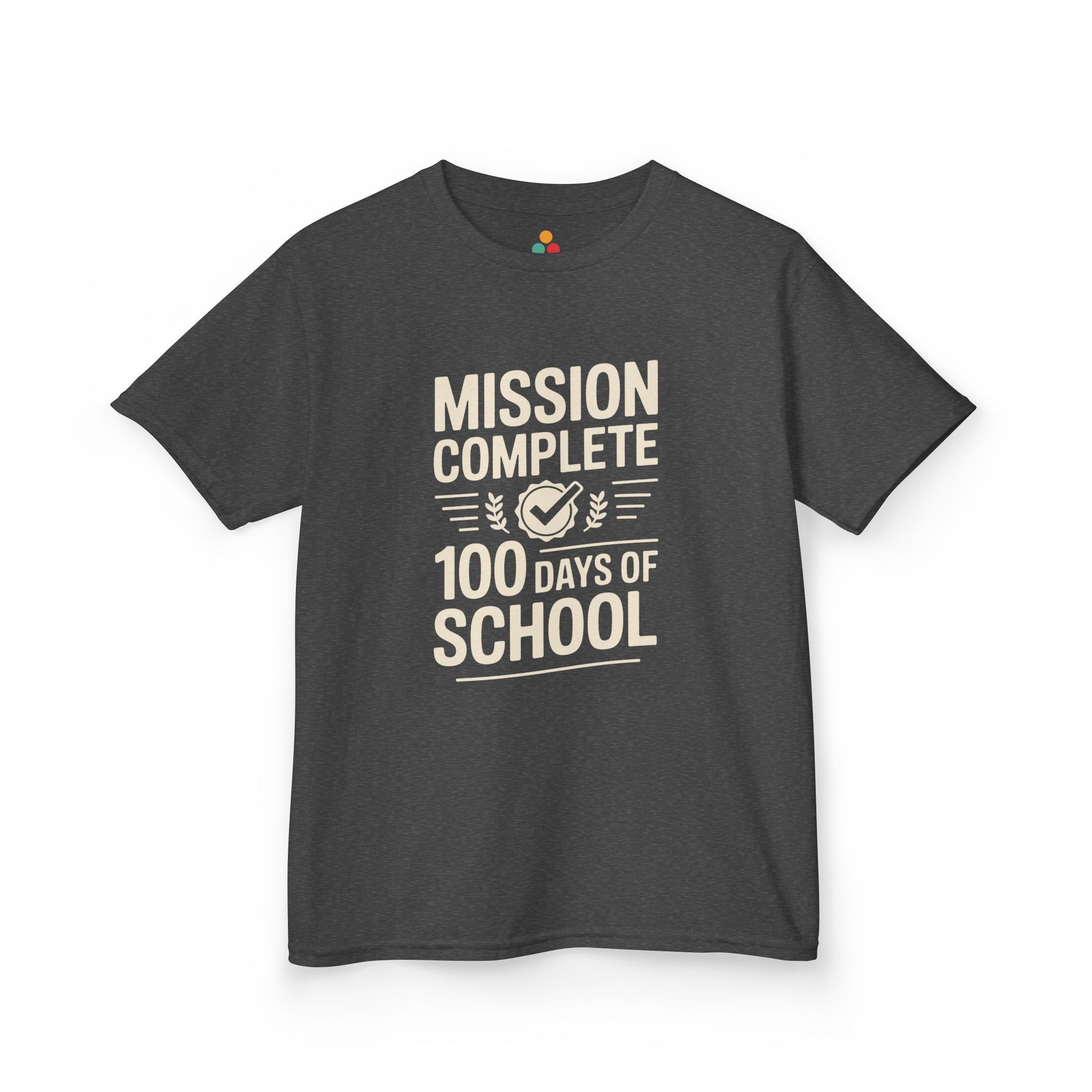 TEEZOCA dark gray “Mission Complete 100 Days Of School” kids graphic tee.