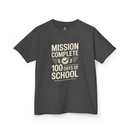 TEEZOCA dark gray “Mission Complete 100 Days Of School” kids graphic tee.