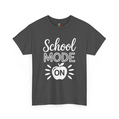 TEEZOCA dark gray “School Mode On” teacher school graphic tee.