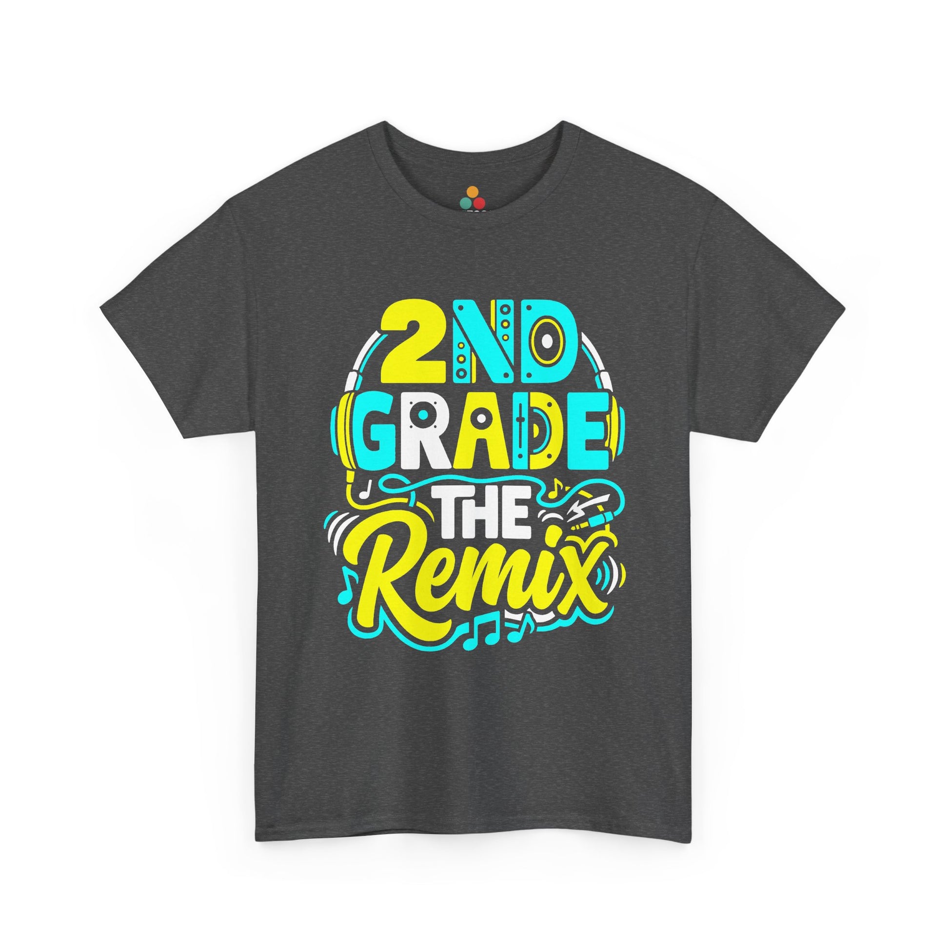 TEEZOCA dark grey graphic T-shirt with the bold yellow script and cyan DJ elements. 2nd Grade The Remix T-Shirt – Funny Back to School DJ Teacher Gift
