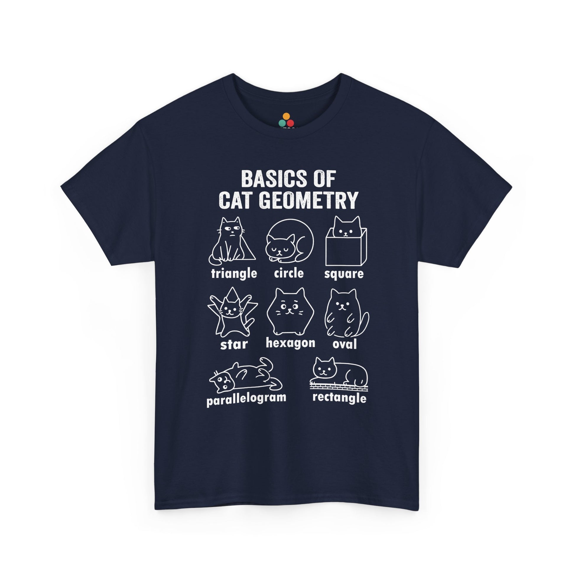TEEZOCA dark navy cat geometry shirt with white chalk-style cat illustration, flat view. Cat Geometry Funny Math Shapes Teacher Student Lover Dad Mom Back School T-Shirt
