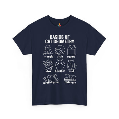TEEZOCA dark navy cat geometry shirt with white chalk-style cat illustration, flat view. Cat Geometry Funny Math Shapes Teacher Student Lover Dad Mom Back School T-Shirt