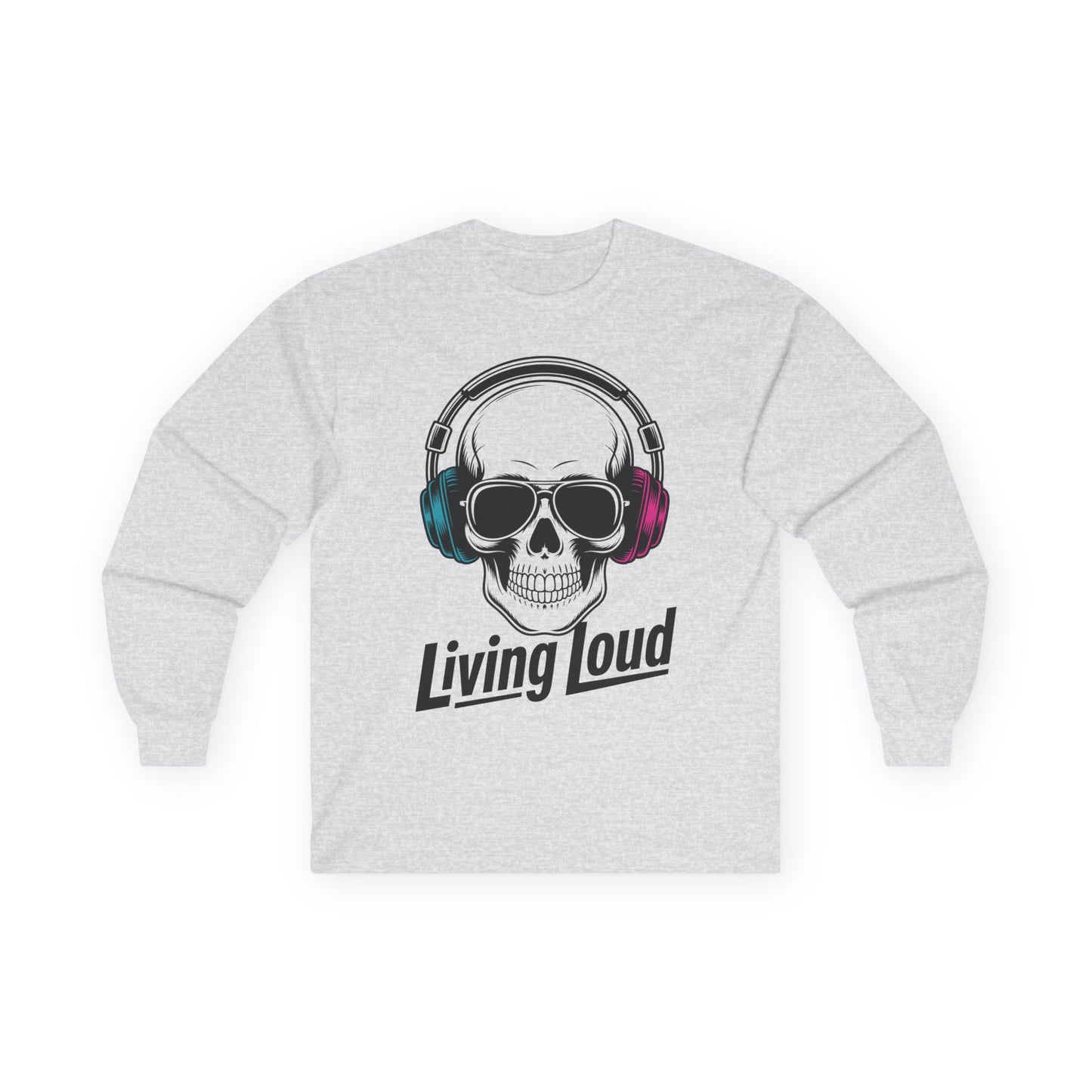 TEEZOCA dark skull music illustration unisex long-sleeve t-shirt Gray sweatshirt with a skull wearing headphones and 'Living Loud' text on a white background