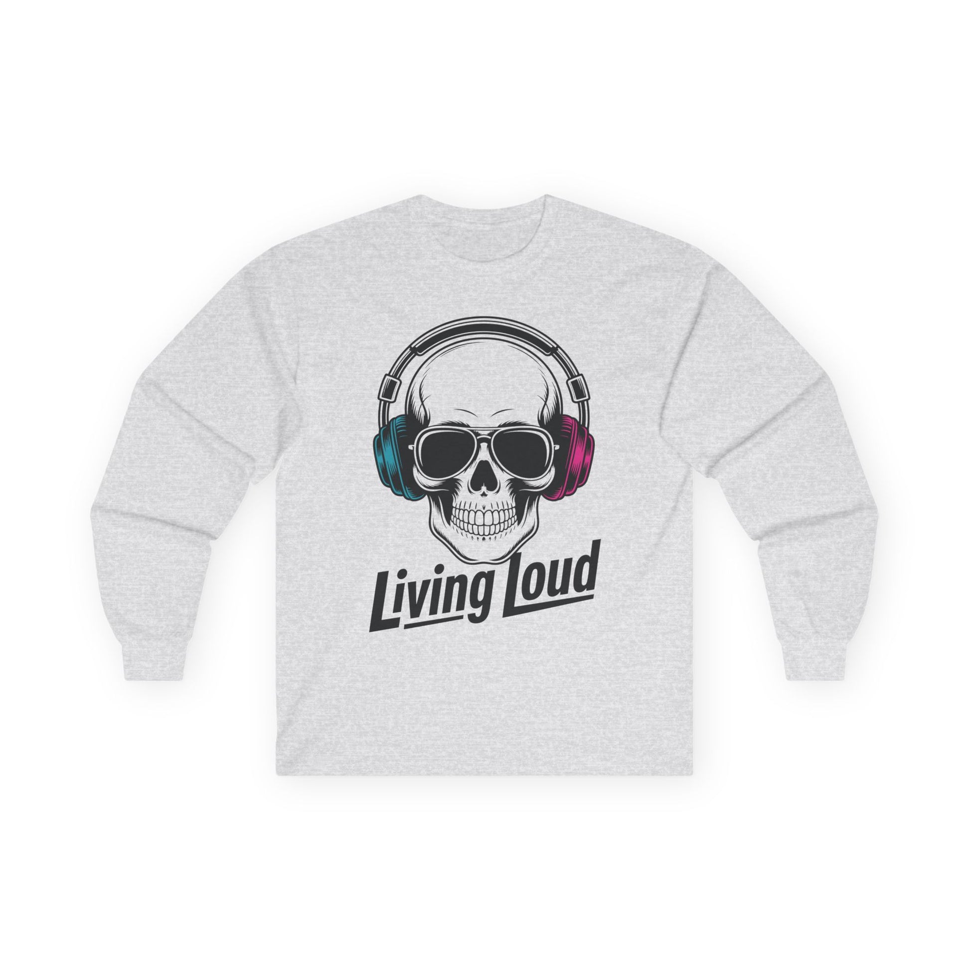 TEEZOCA dark skull music illustration unisex long-sleeve t-shirt Gray sweatshirt with a skull wearing headphones and 'Living Loud' text on a white background