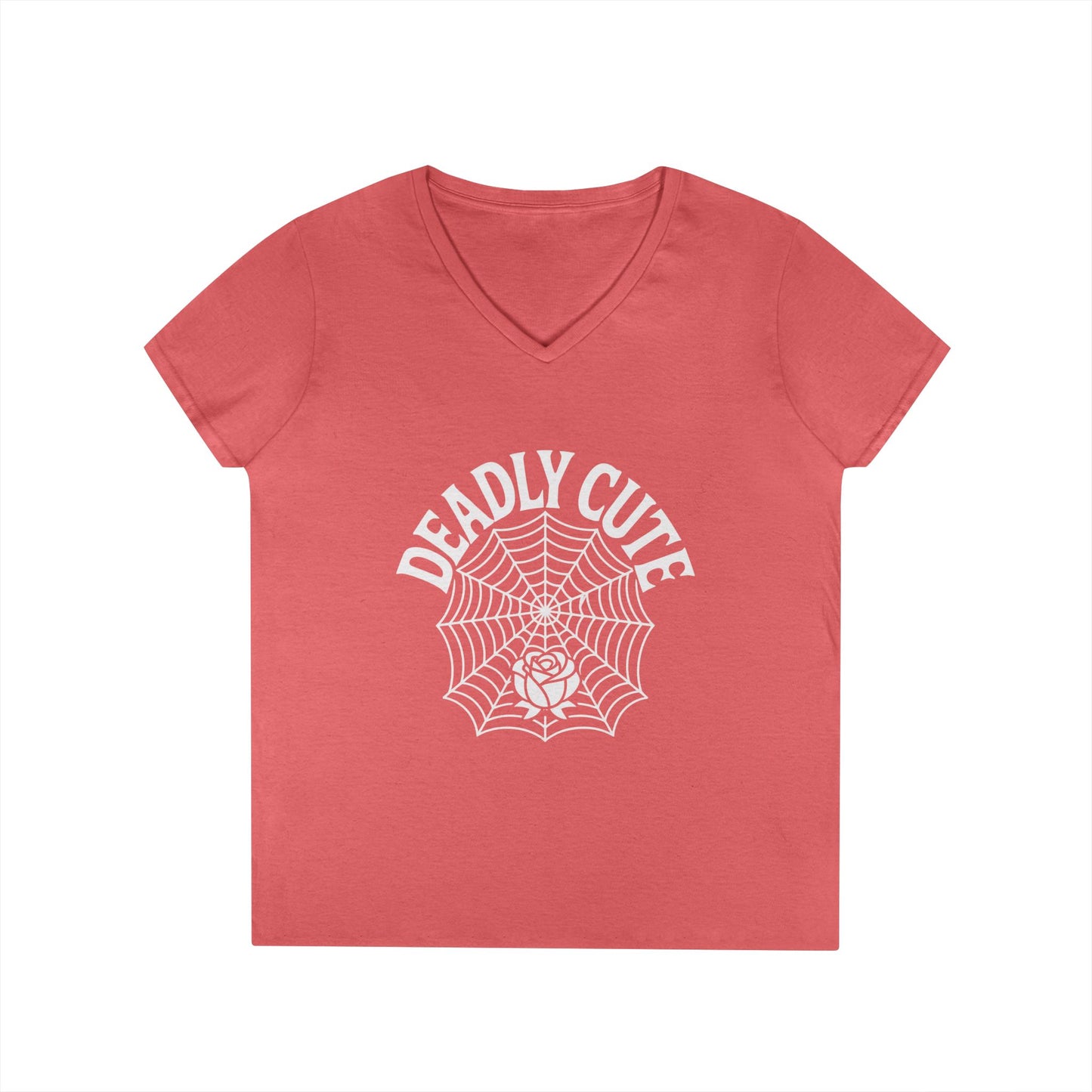 Deadly Cute Spiderweb Rose Ladies’ V-Neck T-Shirt Gothic Design | TEEZOCA 