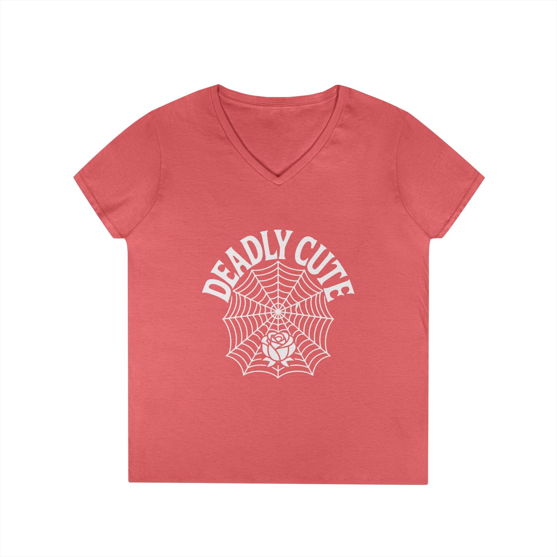 Deadly Cute Spiderweb Rose Ladies’ V-Neck T-Shirt Gothic Design | TEEZOCA 