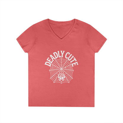 Deadly Cute Spiderweb Rose Ladies’ V-Neck T-Shirt Gothic Design | TEEZOCA 
