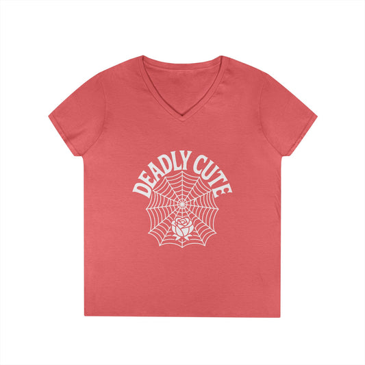 Deadly Cute Spiderweb Rose Ladies’ V-Neck T-Shirt Gothic Design | TEEZOCA 