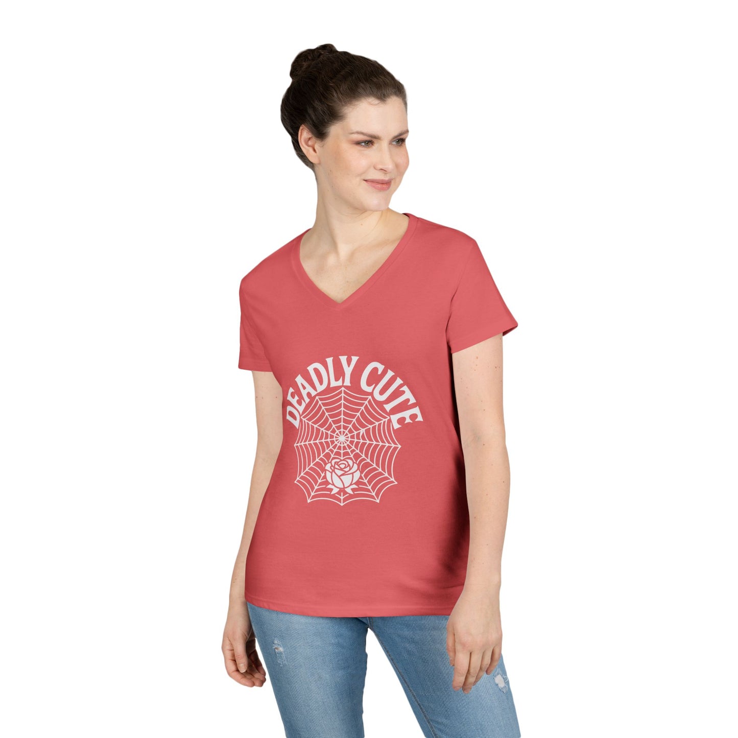 Deadly Cute Spiderweb Rose Ladies’ V-Neck T-Shirt Gothic Design | TEEZOCA 
