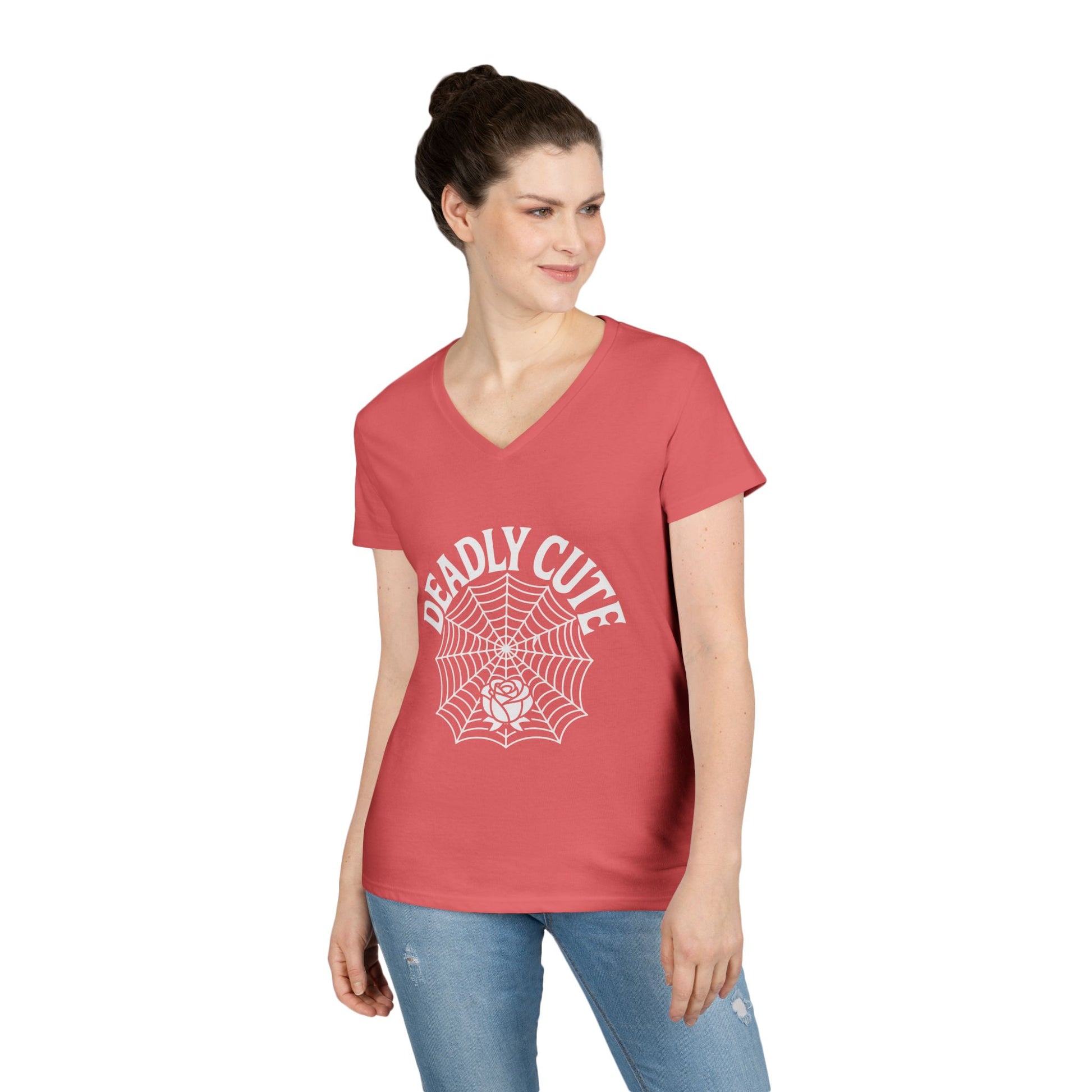 Deadly Cute Spiderweb Rose Ladies’ V-Neck T-Shirt Gothic Design | TEEZOCA 