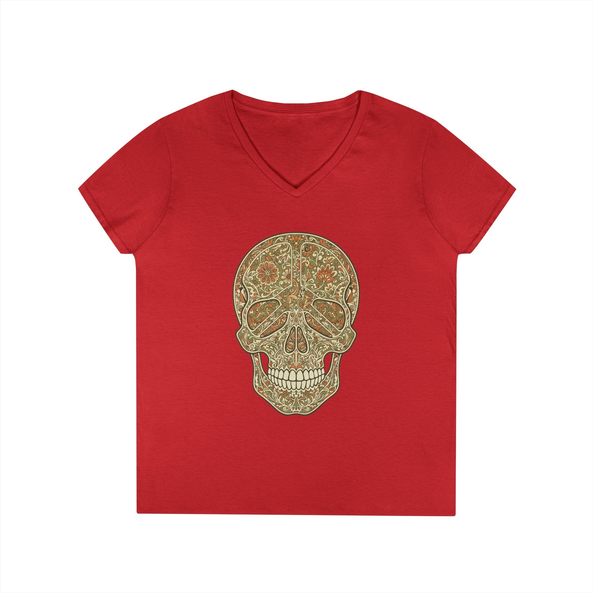 Floral Peace Skull Art V-Neck T-Shirt Retro Aesthetic Statement Tee | TEEZOCA 
