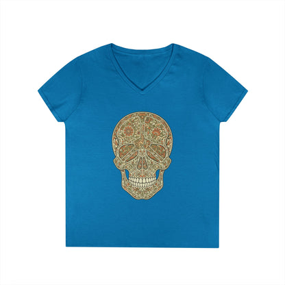 Floral Peace Skull Art V-Neck T-Shirt Retro Aesthetic Statement Tee | TEEZOCA 