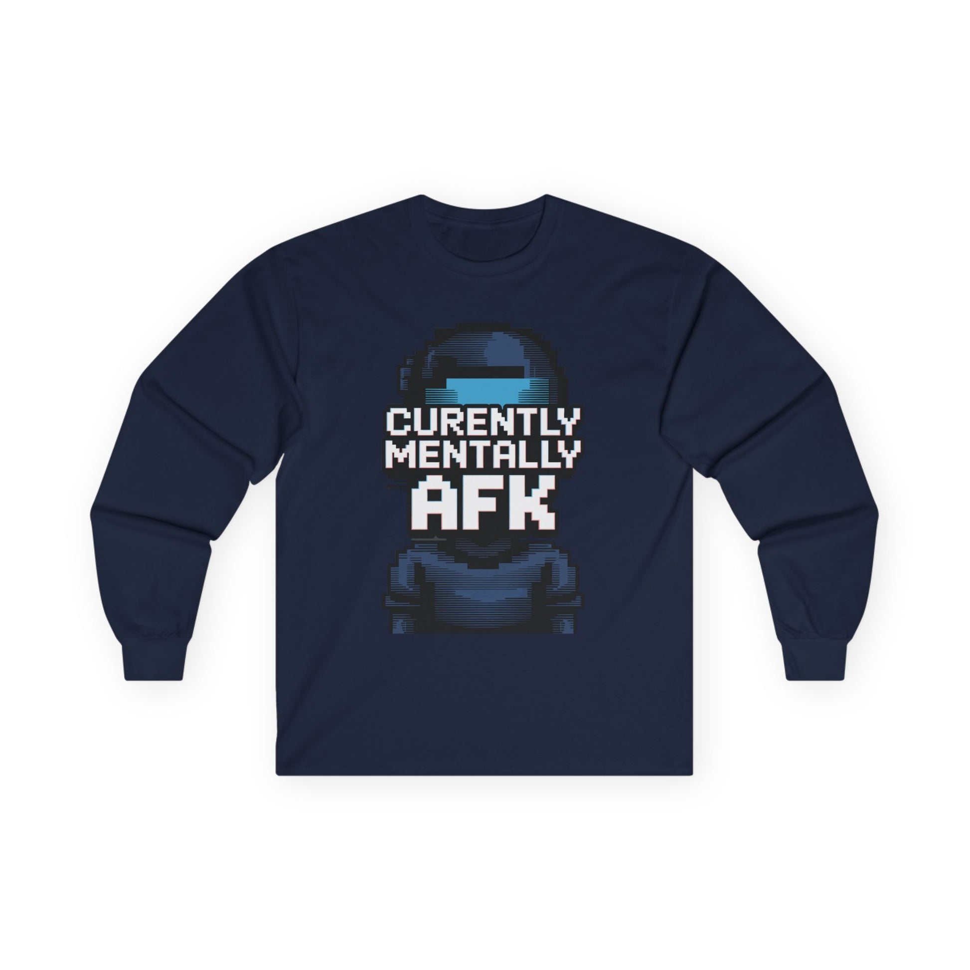 TEEZOCA digital humor AFK long-sleeve t-shirt Navy blue long-sleeve shirt with 'Currently Mentally AFK' text and graphic on a white background