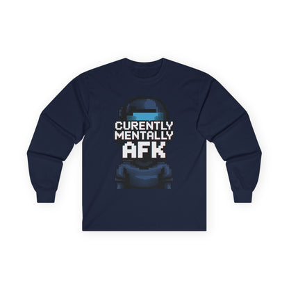 TEEZOCA digital humor AFK long-sleeve t-shirt Navy blue long-sleeve shirt with 'Currently Mentally AFK' text and graphic on a white background