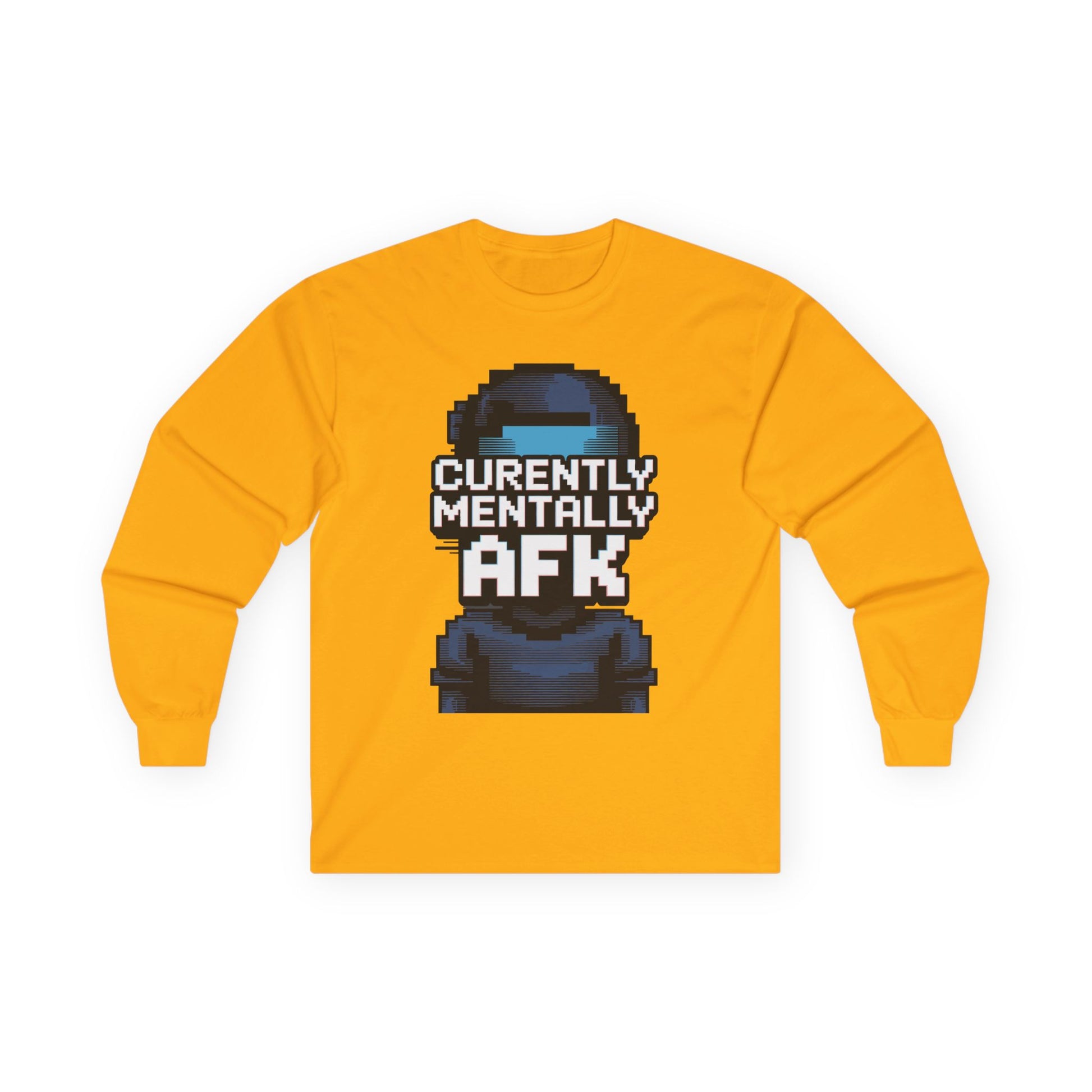 TEEZOCA digital humor AFK long-sleeve t-shirt Yellow long-sleeve shirt with a pixelated character and text 'Currently Mentally AFK' on a white background