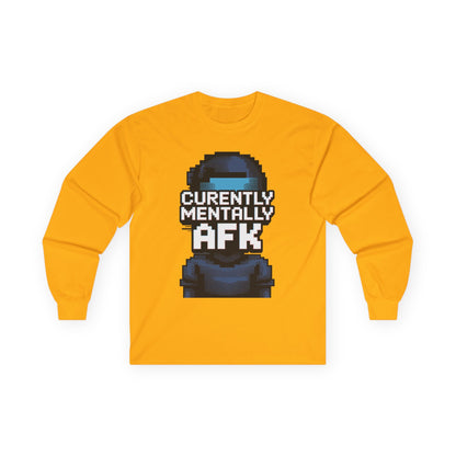 TEEZOCA digital humor AFK long-sleeve t-shirt Yellow long-sleeve shirt with a pixelated character and text 'Currently Mentally AFK' on a white background