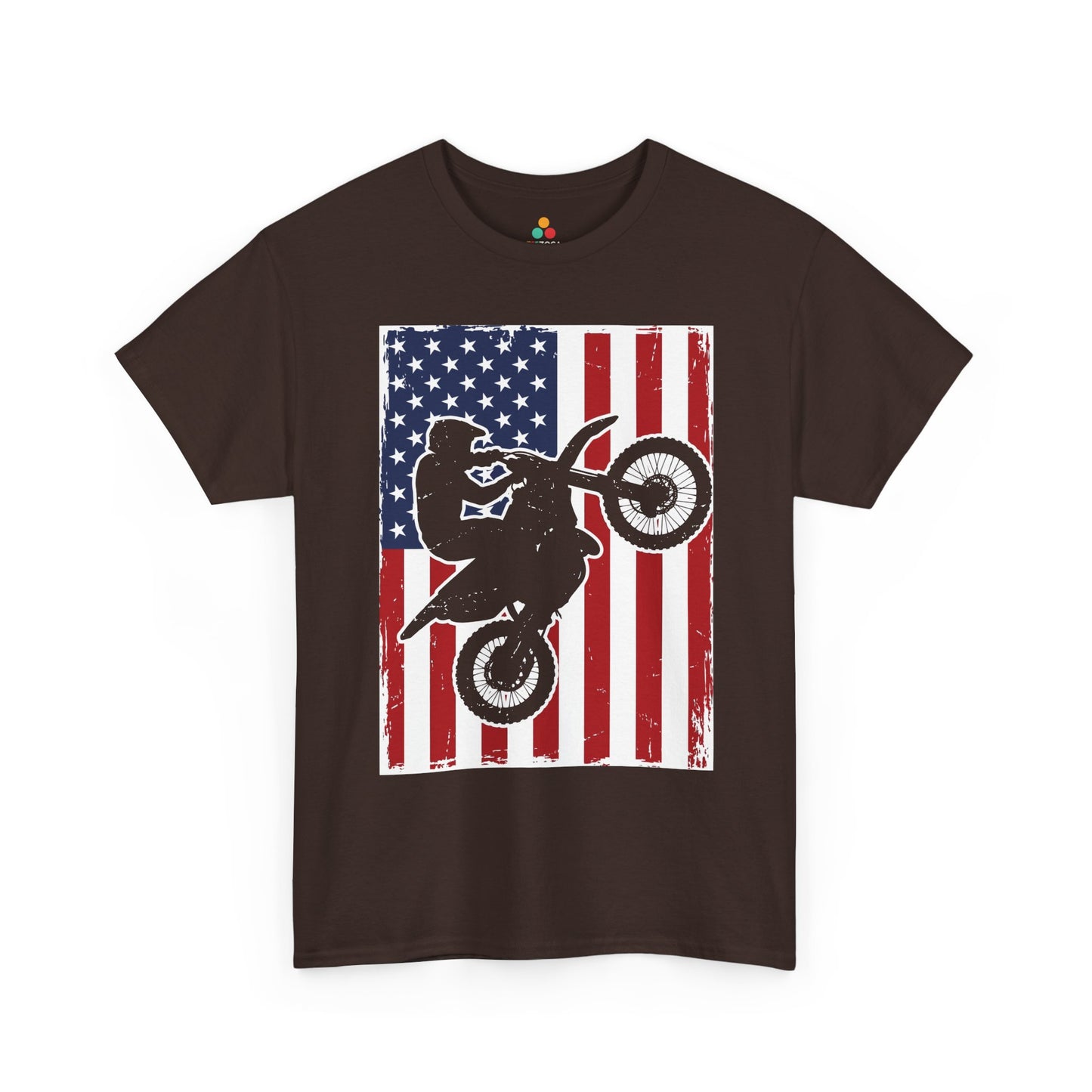 TEEZOCA dirt bike shirt T-shirt showing a rider silhouette over a distressed red white and blue flag.
