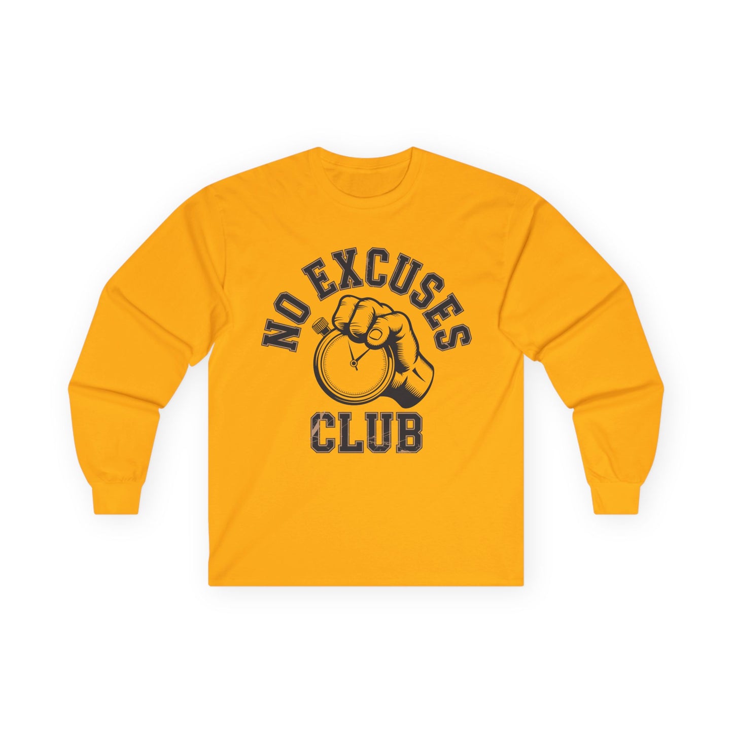 TEEZOCA discipline mindset unisex long-sleeve tee Yellow long-sleeve shirt with 'No Excuses Club' graphic on a white background