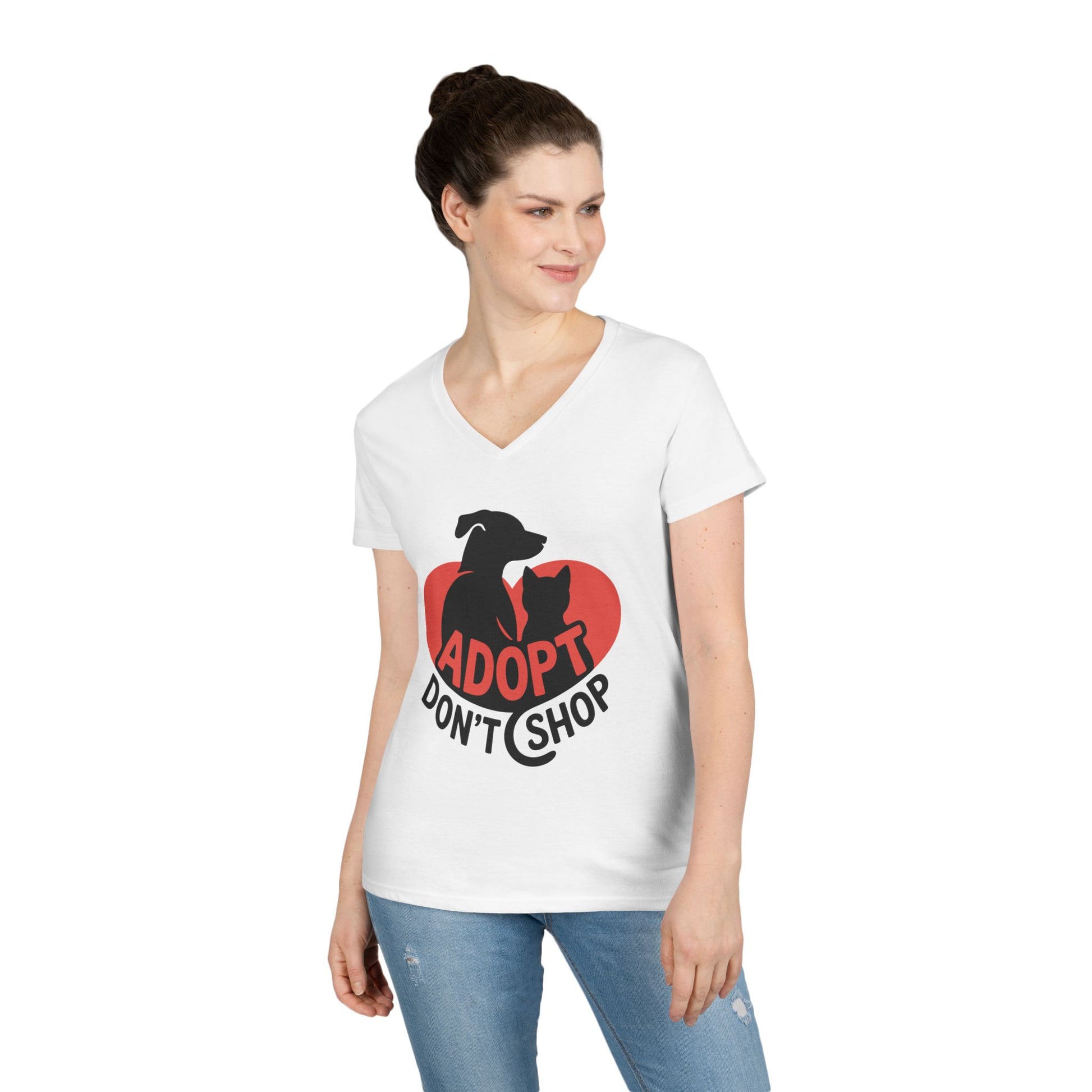 Adopt Don’t Shop Dog & Cat Heart Graphic V-Neck T-Shirt | TEEZOCA 