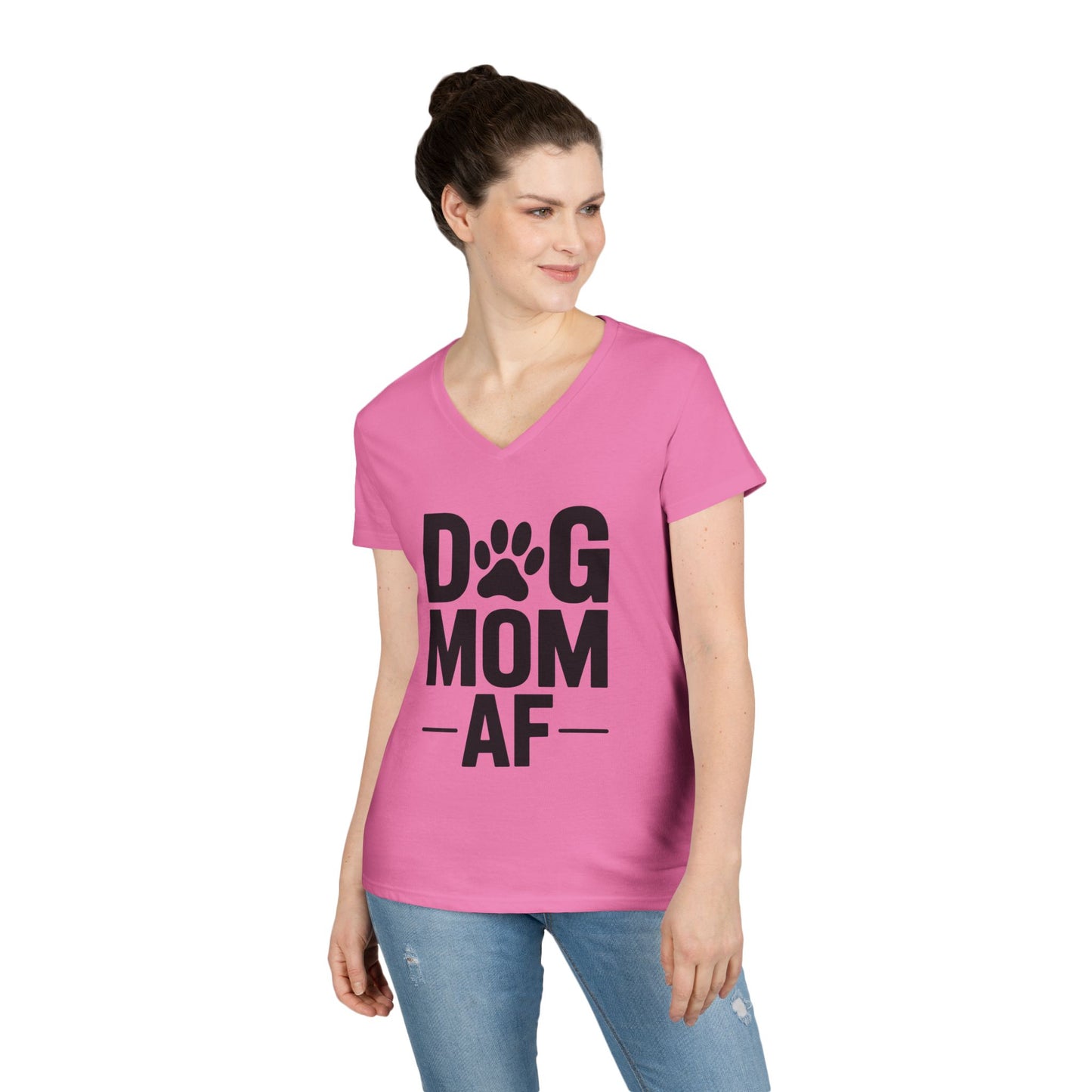 Dog Mom AF Bold Paw Graphic V-Neck T-Shirt for Women | TEEZOCA 