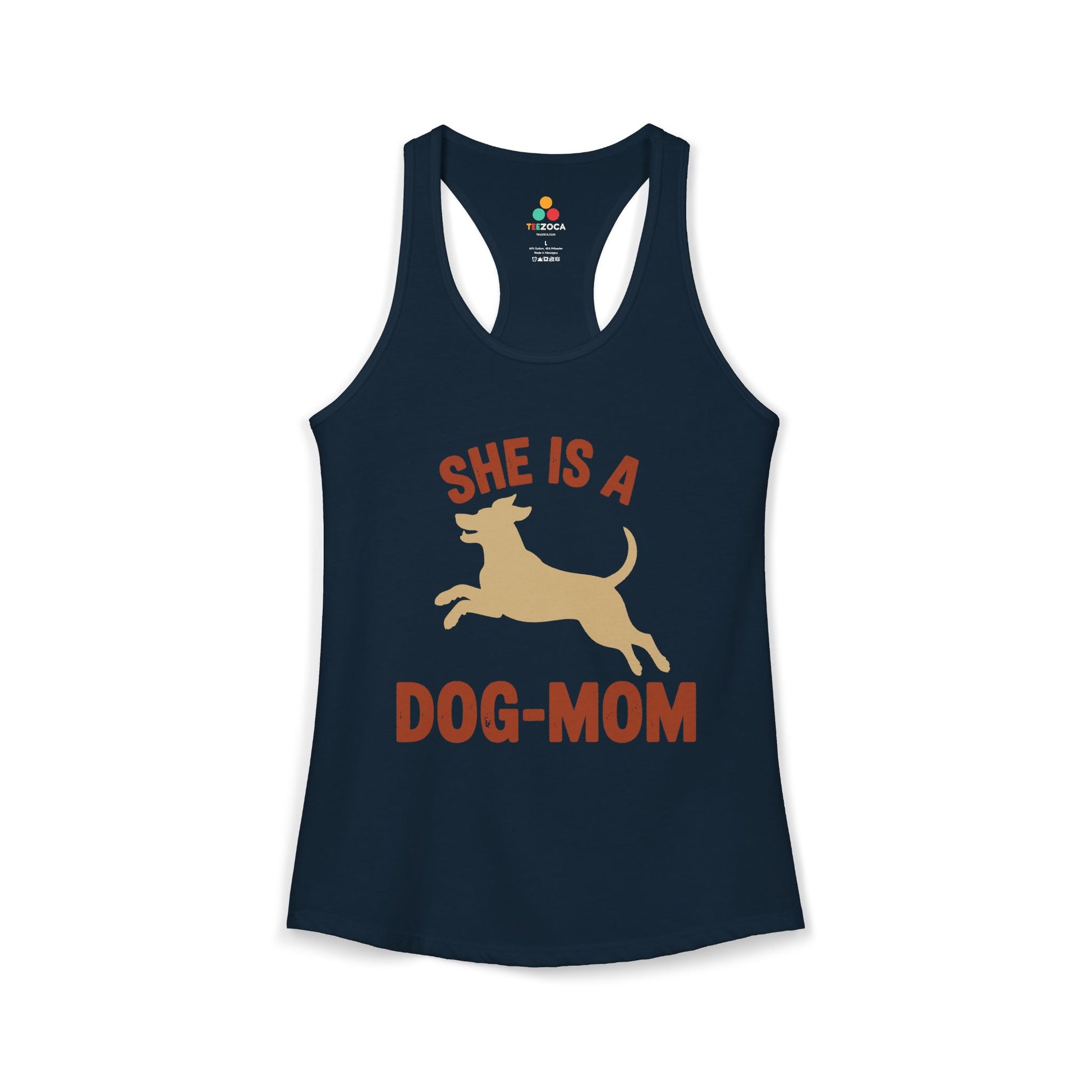 TEEZOCA dog lover women’s tank top with minimalist dog graphic Navy tank top with 'She is a Dog-Mom' text and dog graphic on a white background