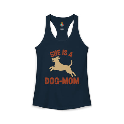 TEEZOCA dog lover women’s tank top with minimalist dog graphic Navy tank top with 'She is a Dog-Mom' text and dog graphic on a white background