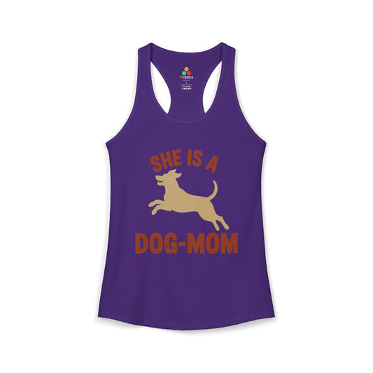 TEEZOCA dog mom women’s tank top with dog silhouette design Purple tank top with 'She is a dog mom' text and dog graphic on a white background