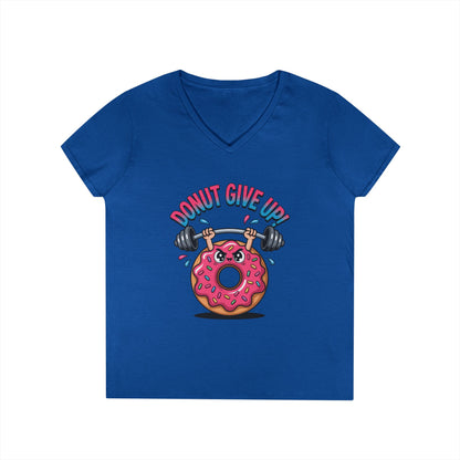 Donut Give Up Fitness Humor Graphic V-Neck T-Shirt for Women | TEEZOCA 
