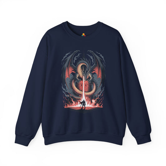 TEEZOCA dragon vs knight sweatshirt with dark fantasy castle illustration Navy blue sweatshirt with dragon graphic design on a white background