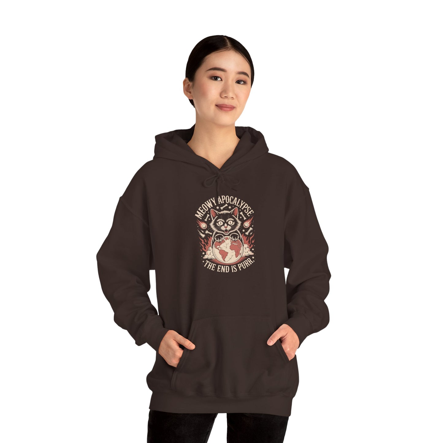 TEEZOCA dramatic cat world design Unisex Heavy Blend Hoodie streetwear style - Meowy Apocalypse The End Is Purr Cat Unisex Heavy Blend Hoodie | TEEZOCA 