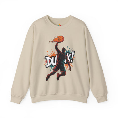 TEEZOCA dunk basketball sweatshirt with bold action sports artwork Beige sweatshirt with a graphic of a basketball player and 'Dunk!' text on a white background