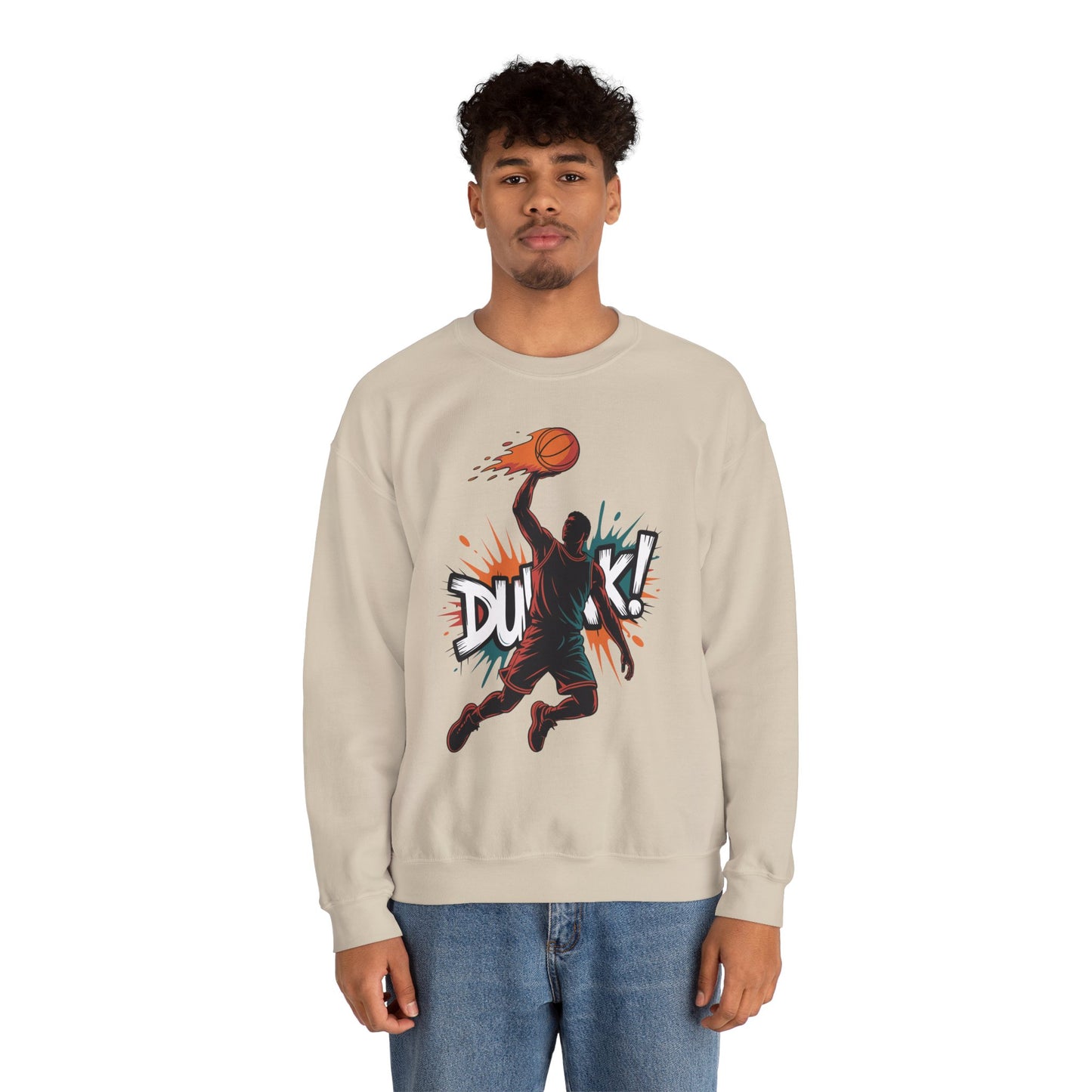 TEEZOCA dunk basketball sweatshirt with bold action sports artwork Person wearing a beige sweatshirt with a graphic design on a white background