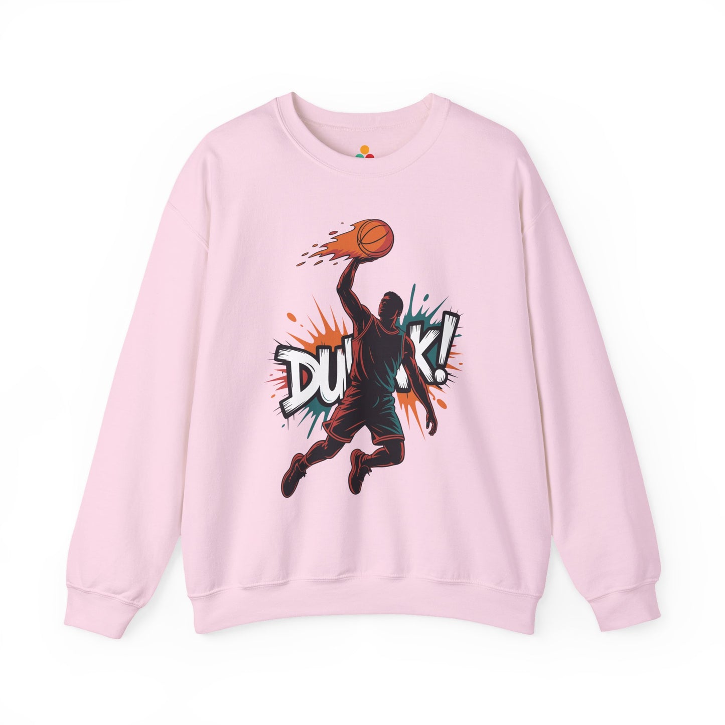TEEZOCA dunk basketball sweatshirt with bold action sports artwork Pink sweatshirt with basketball graphic and 'Dunk!' text on a white background